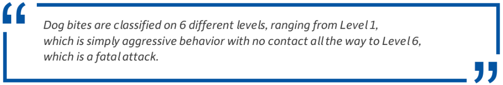 Pull quote: Dog bites are classified on 6 different levels, ranging from Level 1, which is simply aggressive behavior with no contact, all the way to Level 6, which is a fatal attack.