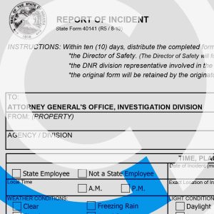 Detail of an Indiana Report of Incident form (State Form 40141) addressed to the Attorney General's Office Investigation Division.