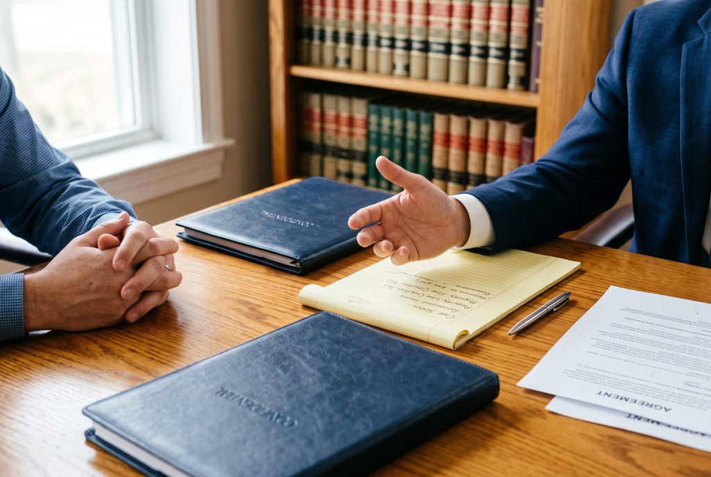Attorney and client reviewing documents across a desk during a consultation