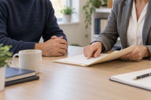 Two adults reviewing a folder across a desk.