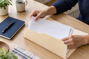 Hands organizing paperwork in a folder.